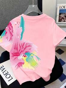 Camiseta de mujer de estilo chino con estampado digital, camiseta de cuello redondo vintage de denim azul con flores y pájaros, camiseta de mujer con estampado digital de flores y pájaros orientales, top casual de verano de cuello redondo - Rosa 2 - Ver 2