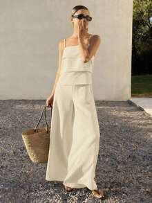 Conjunto de 2 piezas de top de tirantes con volantes y pantalones sueltos casuales de verano para mujer - Blanco 2 - Ver 5