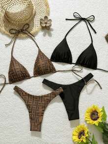 Conjunto de traje de baño de 4 piezas con cuentas marrón y a rayas, para primavera/verano 2026, conjunto de bikini de alta gama para resort de playa - Multicolor - Ver 7