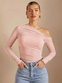 Camiseta de manga larga con cuello asimétrico plisado, ajustada, en color liso, para mujer, para primavera/otoño - Rosa - Ver 9