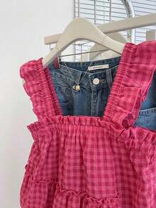 Blusa linda con volantes a cuadros para mujer - Rosa Fucsia - Ver 6