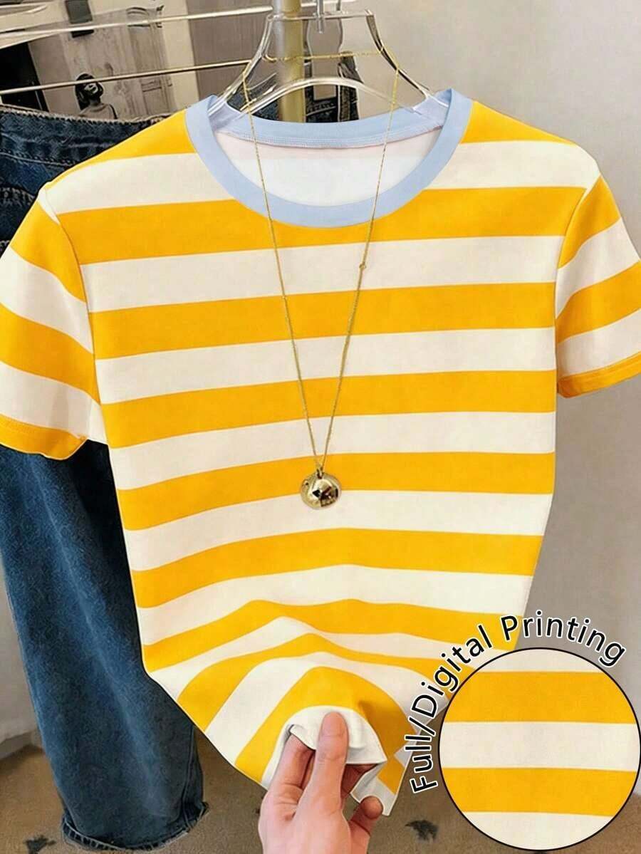 Camiseta de manga corta de cuello redondo a rayas, versátil y casual para uso diario de mujer - Multicolor 12 - Ver 1