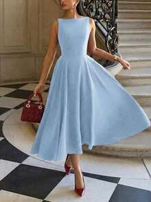 Elegante vestido maxi romántico francés con espalda descubierta, cintura ceñida y diseño calado, elegante y sexy, adecuado para Navidad, fiestas de vacaciones, citas de verano - Azul - Ver 3
