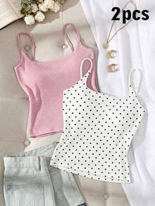 Paquete de 2 tops de camiseta acanalada con sujetador acolchado incorporado - Rosa y Negro/Lunares blancos, tops versátiles casuales para verano y uso en todas las estaciones, estilos suaves y limpios para chica, perfectos para el hogar, la escuela - Negro 4 - Ver 6