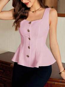 Blusa de mujer vintage, elegante y clásica, con cierre de botones metálicos con forma de flor, blusa sin mangas blanca, para primavera/verano - Rosa Pálido - Ver 8