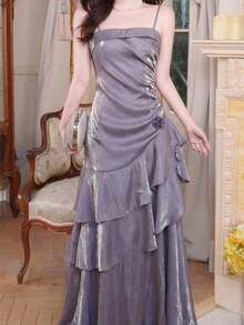 Vestido de fiesta elegante y distintivo de mujer, vestido de noche formal vintage, ajustado con tirantes finos, adecuado para cumpleaños, bodas, invitados, bailes de graduación, vacaciones de primavera en la playa - Morado - Ver 4