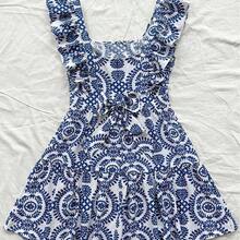 WYWH WYWH Resort Women Multicolor Blue And White Porcelain Printed Cap Sleeve Square Neck A-Line Dress,Pastel Dresses For Women - Multicolor - Ver 3
