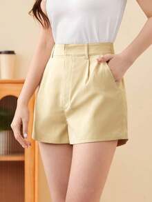 Shorts diarios tejidos de unicolor para mujer, sencillos - Beis 2 - Ver 4