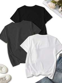 Set de 3 camisetas de manga corta y cuello redondo con estampado de letras inglesas y corazones, camisetas gráficas casuales de verano para mujer - Multicolor 18 - Ver 2
