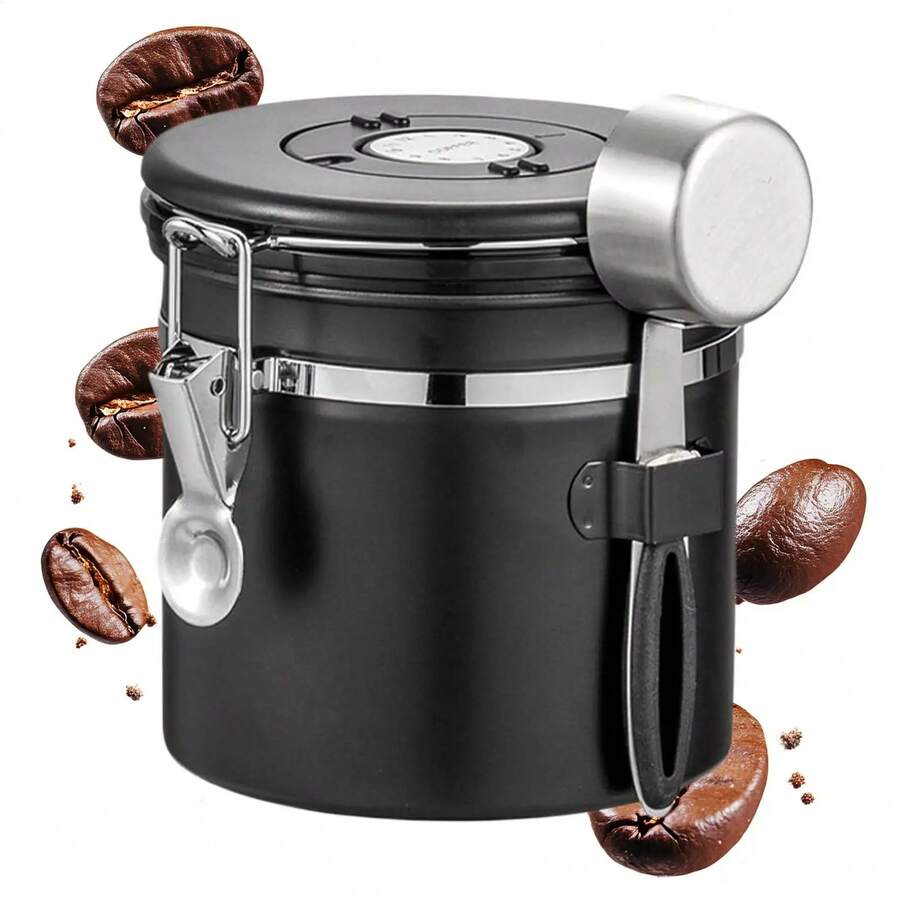 Hộp đựng cà phê bằng thép không gỉ - 1 hộp kín khí có vạch chia ngày tháng và muỗng đong - Dùng cho cà phê xay, hạt cà phê, trà, đường, bột mì, ngũ cốc. - màu đen - Xem 1