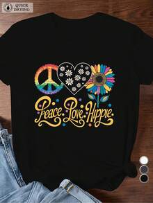 Camiseta Deportiva de Manga Corta para Mujer, Talla Grande, Estilo Hippie, Peace Love - Negro - Ver 7