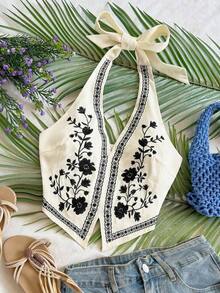 Top corto para mujer estilo bohemio sin mangas con diseño de espalda de tirantes, cuello halter con diseño anudado y bordados florales, adecuado para festivales de música - Negro - Ver 9
