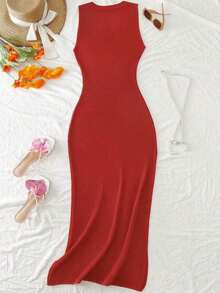 Nuevo bikini sexy, ropa de playa casual diaria, vestido de punto minimalista sin mangas para vacaciones, estilo casual elegante, textura de red, chica sexy estilo francés, estilo bohemio, vestido de suéter versátil y de alta gama para mujer - Rojo - Ver 2