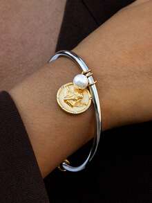 1pc Angelic Hoop Charm Bracelet | 304 Stainless Steel Smooth Circular Bracelet | Ideal For Valentine's Day And Everyday Wear - Multicolor - View 1