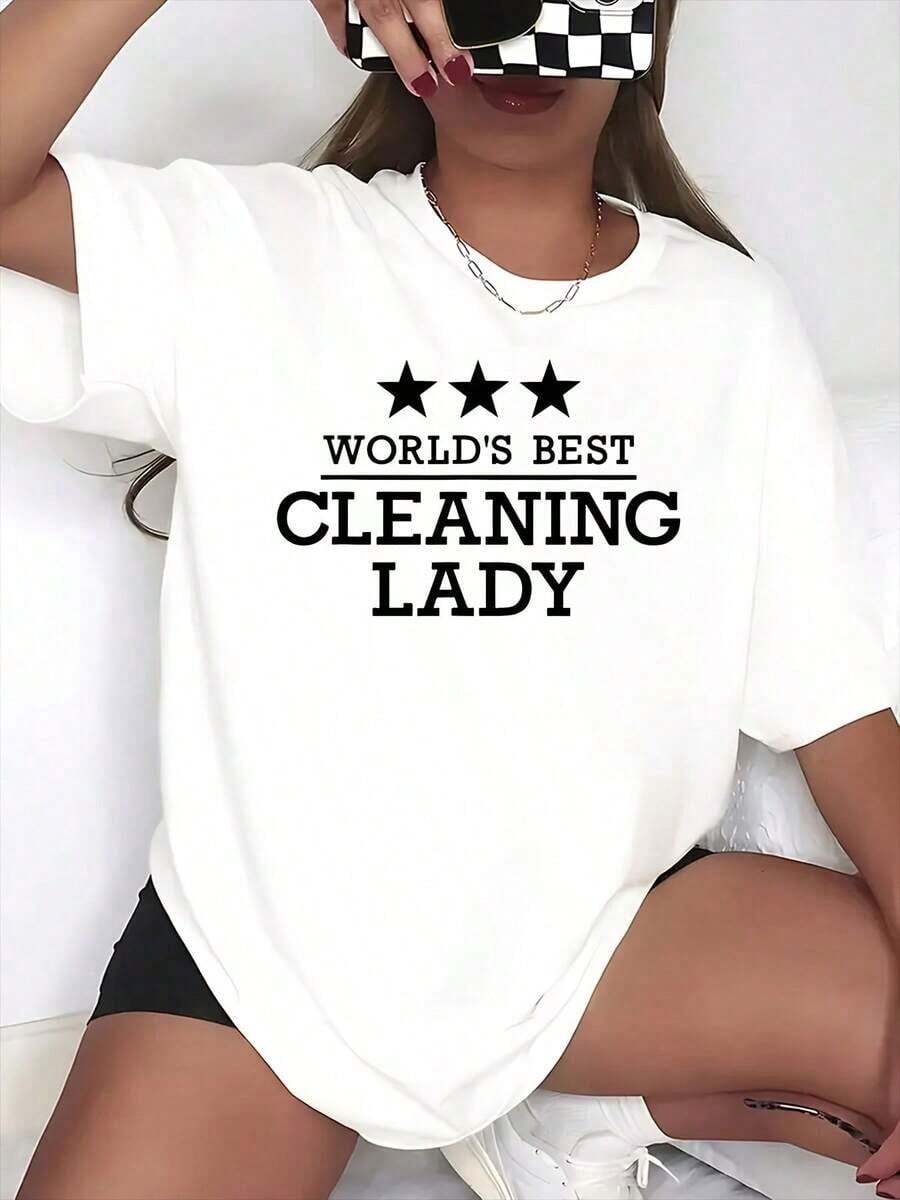 1 pieza Camiseta gráfica "La Mejor Mujer de Limpieza del Mundo" para mujer, top casual con diseño de estrellas, camiseta divertida para personal de limpieza y personal de mantenimiento, 180g 100% algodón suave. - Blanco - Ver 1