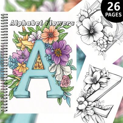 26 Watercolor Uppercase Alphabet Adult Coloring Book Patterns, Stress Relief Spiral Coloring Book 21X29.7cm, Perfect Gift For New Year, Spring Festival, Spring, Christmas, Valentine's Day! Brand New Thick (100g) 26 Pages