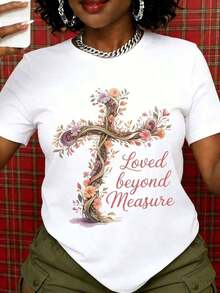 Loved Beyond Measure Women's Christian T-Shirt With Floral Cross, Religious Faith Gift, White Cotton T-Shirt, Summer Casual Wear, Breathable And Comfortable - 白色 - 查看 6