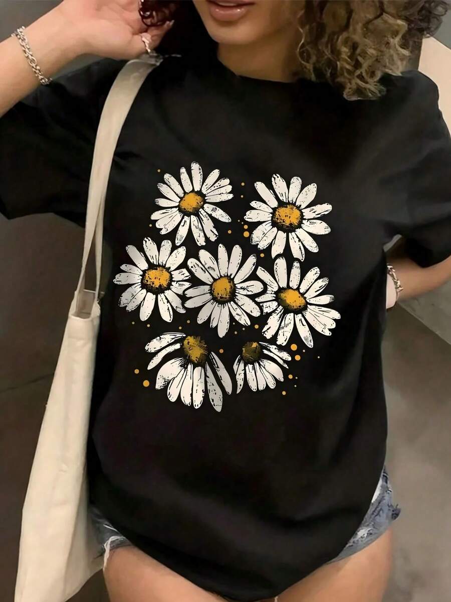 Round Neck T-Shirt With Dropped Shoulders And Daisy Print - 黑色 - 查看 1