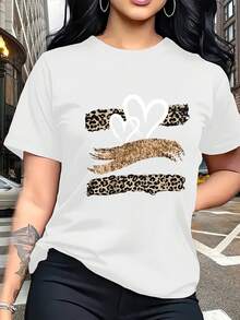 Camiseta con estampado de corazón con purpurina y diseño de estampado de leopardo, moderna y transpirable, adecuada para viajes en familia, actividades escolares, deportes casuales, desplazamientos diarios, conjuntos a juego para hermanas, camiseta versátil.una camiseta estampada muy distintiva / estilo unisex / adecuada tanto para hombres como para mujeres / resistente a las arrugas / transpirable - Blanco - Ver 2