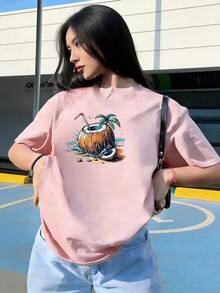 T-Shirt With A Coconut On The Beach And Sand And Water Details.  Short-Sleeved T-Shirt For Spring And Summer 2026, Made In Mexico, 180 Grams. Cartoon Print, Couple Design, Suitable For Indoor Or Outdoor Wear. Crew Neck, Unisex, Ideal For The Office And Leisure. One-Pack. - PK-P631577SLNDXZGY454 - 查看 4