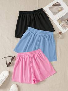 3 chiếc quần short thể thao và quần mặc nhà dáng rộng, màu trơn, có dây chun ở eo, buộc eo. - Hồng - Xem 2