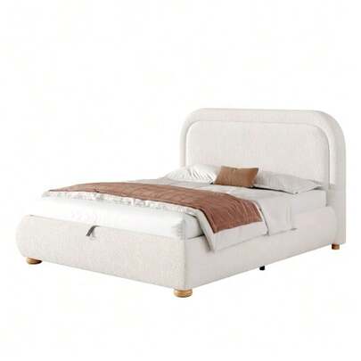 Upholstered Bed, Double Bed, 160*200cm, Hydraulic Functional Bed, Bed With Slatted Base, Headboard And Ample Storage Space, Padded Headboard, White Bouclé