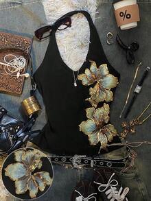 Top halter elegante y retro con bordados y lentejuelas para mujeres, perfecto para el verano.Estilo Y2K, diseño resistente, adecuado para uso diario, festivales de música, fiestas y vacaciones en la playa. - Multicolor 3 - Ver 7
