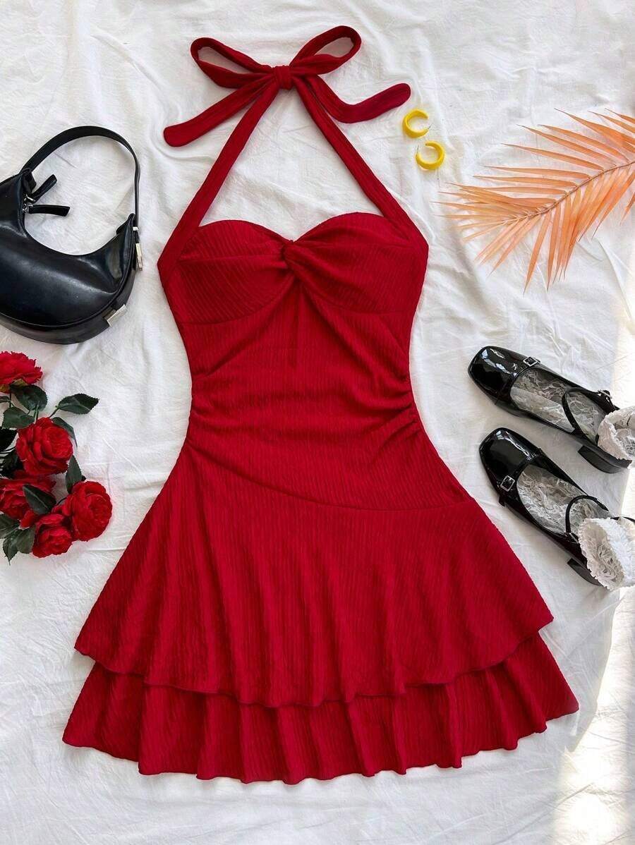 AVestido mini sexy con espalda descubierta, corbata en el cuello, dobladillo fruncido y doble capa, adecuado para fiestas, citas, San Valentín - Rojo - Ver 1