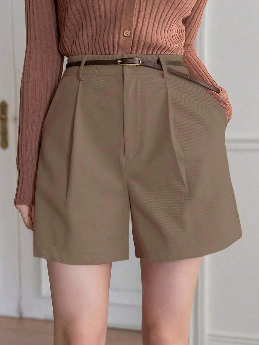 Pantalones cortos de mujer de cintura alta, plisados, con bolsillos, de unicolor y de pierna recta, elegantes y vintage, para el verano - Marrón 2 - Ver 1