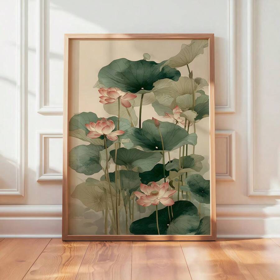 中式风格墙面艺术 莲花海报 水彩莲花帆布画 花卉墙面装饰 帆布艺术画 适用于客厅、卧室、浴室 礼品 无框 - A - 查看 1