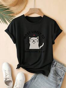 Short-Sleeved T-Shirt With A Round Neck And Cat Print,  And Cute, For Young Women, Machine Washable, Suitable For Everyday Casual Street Style, A Great Gift Choice, Ideal For Home, Office, And Other Occasions. A Very Distinctive Printed T-Shirt / Unisex Style / Suitable For Both Men And Women / Wrinkle-Resistant / Breathable. - 黑色 - 查看 1