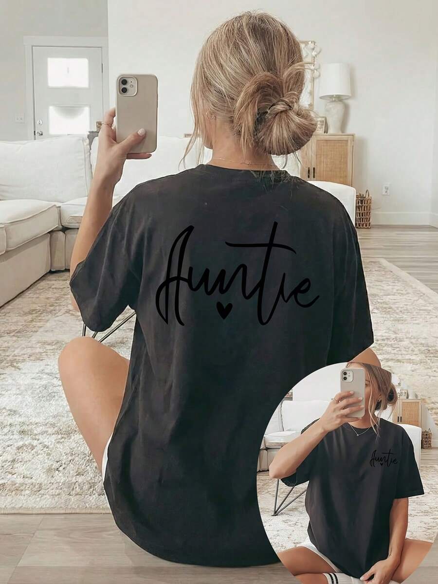 Women's T-Shirt With Double-Sided Front/Back Print - Short Sleeve, Round Neck, Casual Style, Suitable For Casual Wear, Machine Washable, With "Auntie" And Heart Print, Non-Blouse Style For Layering Or Wearing As A Top, 100% Cotton - 黑色 - 查看 1