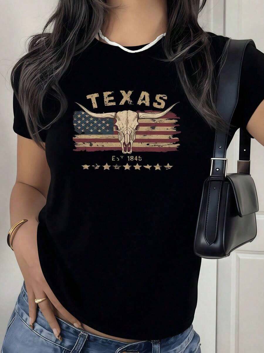 Premium American Flag Print With Bull Skull Symbolizing Strength And Texan Tradition On A Women's T-Shirt, 100% Cotton, - Black - View 1