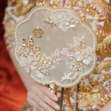 Traditional Chinese Wedding Fan For Brides - Vintage Palace-Style Round Handheld Fan, Suitable For Chinese Weddings, Plastic Wedding Decorations, Bridal Adornments, Summer Ceremonies, And Cultural Events - 藍色的 - 查看 2