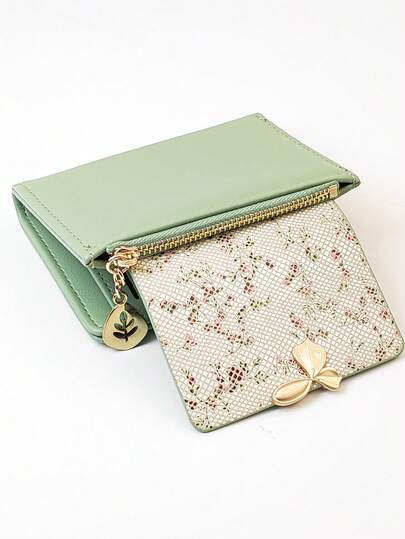 New Floral Patchwork PU Leather Short Women Wallet, Sweet Cute Bifold Purse, Minimalist Card Holder, Snap Button Design