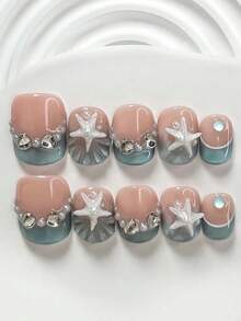 1package/10pcs-Ocean Pearl Starfish Press On Nails – Blue French Tip Beach Style Fake Nails With 3D Shell Charm & Pearl Rhinestone,Vacation Glossy Nails - Multicolor - View 4
