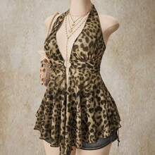 ICON Plus Size Y2K Style Hollow Out Asymmetrical Hem Babydoll Halter Neck Knit Camisole, Summer Tops - Multicolor - Ver 1