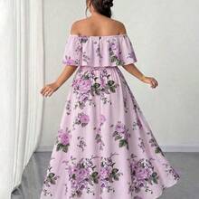 Elenzya Plus Size Women's Spring/Summer New Arrival Floral Print Dress, Off Shoulder Ruffle Romantic Sexy Waist Pleated Maxi Dress, Suitable For Romantic Vacation, Dates, Travel, Urban Outings, Music Festivals, And Romantic Occasions - Multicolor - Ver 3