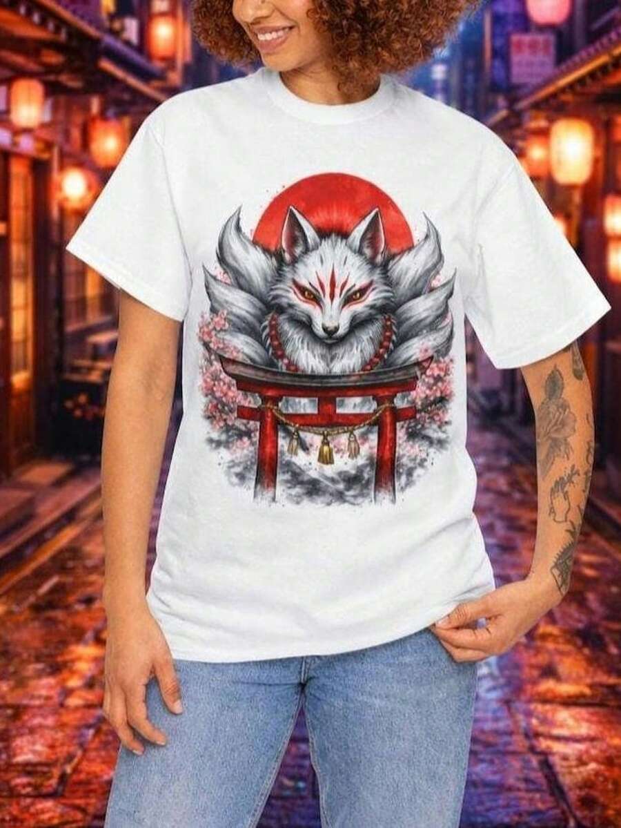 KI1Une Fox T1S1Hirt, j1apanese Mythologhirt, TorI1I Gate Fox T1EE, C1herry BS1om Red Sun S1Hirt, j1apanese Graphics T1EE