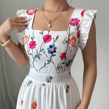 Elenzya Women's Colorful Print Cinched Waist Square Neck Cap Sleeve Casual Vacation Style Dress - Verde - Ver 6