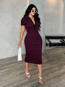 Vestido polo de manga corta a rayas blanco y negro de estilo minimalista y casual para ir al trabajo, vestido de punto de media longitud con ajuste ceñido y gran elasticidad, vestido elegante francés - Multicolor - Ver 4