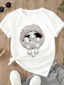 1 pieza Camiseta de manga corta para mujer, talla grande, para el Día de San Valentín, con estampado de labios de perla, atuendo casual para fiestas y uso diario, 180g Algodón 100%. - Negro - Ver 8