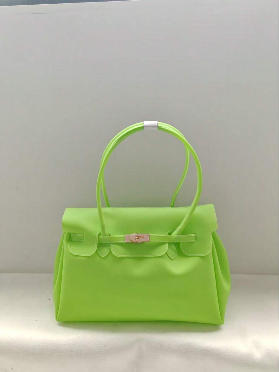 Tote Bag With Stitched Seams, Large Capacity, PVC Shoulder Bag - Tender Green - View 1