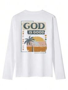 Camiseta de manga larga para mujer, primavera/otoño 2025, nueva, casual, con estampado de palmeras y eslogan, corte holgado y hombros caídos, un esencial de moda para cada temporada, color blanco. - Blanco - Ver 3