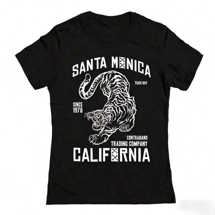100% cotton Camiseta ajustada de algodón para mujer con estampado de tigre de Santa Mónica de Matt Keeling - Negro - Añade 6