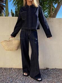 Conjunto de top corto holgado de cuello polo de algodón y pantalones vaqueros casuales para mujer - Azul 3 - Ver 5