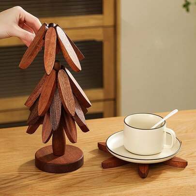 Wooden Trivet For Hot Dishes,  Wooden Trivet Set Coaster, Trivets For Hot Pots And Pans, Trivets For Hot Dishes - 4 Wooden Trivet + 1 Stand (Dark Brown)