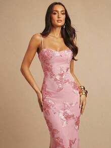Vestido de tirantes finos maxi ajustado y elegante con diseño floral 3D en color marrón, adecuado para invitada de boda en otoño, fiesta, cóctel, noche, Navidad.Vestido maxi ceñido y con espalda descubierta, apropiado para fiesta de ot - Rosa Roja - Ver 6