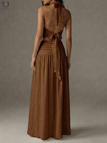 Bộ đồ 2 mảnh dành cho nữ, áo croptop phối cùng chân váy maxi xếp ly làm từ chất liệu vải dệt họa tiết, trang phục thanh lịch cho kỳ nghỉ hè, tiệc tùng trên bãi biển. - màu nâu - Xem 3
