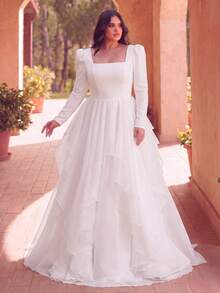 Plus Size Women's White Wedding Dress - Elegant Square Neckline, Puff Sleeves, Layered Ruffle Hem, Suitable For Wedding Ceremony, Wedding Reception, Formal Gala, Ball And Other Occasions - White - View 1